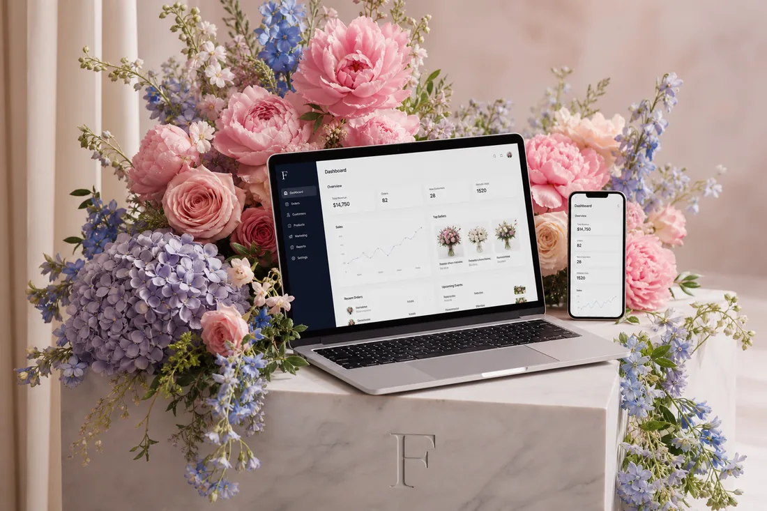 The Florisyn dashboard open on a laptop and phone, showing revenue, orders, and top-selling arrangements